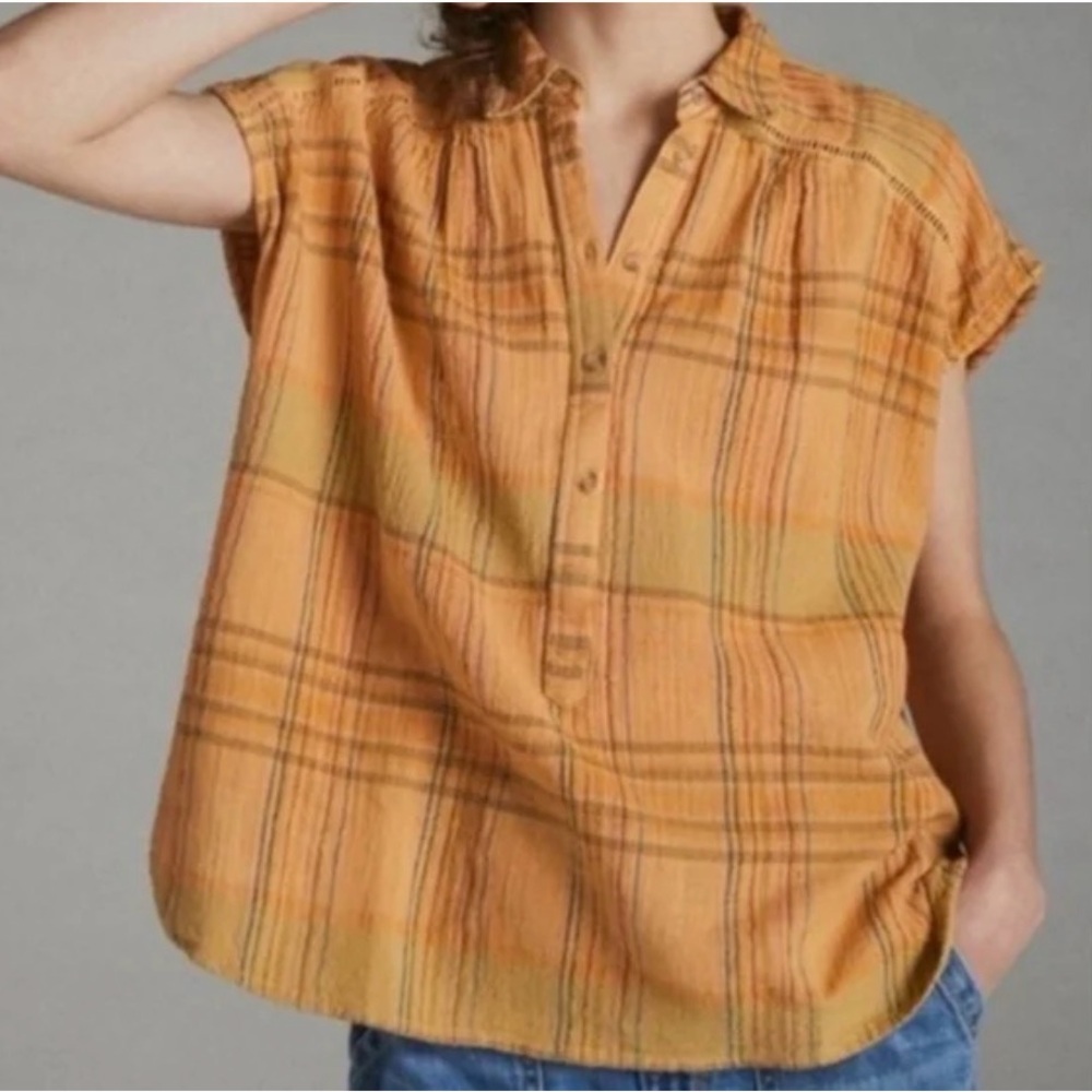 Pilcro Mustard Plaid Short-Sleeve Pullover Blouse